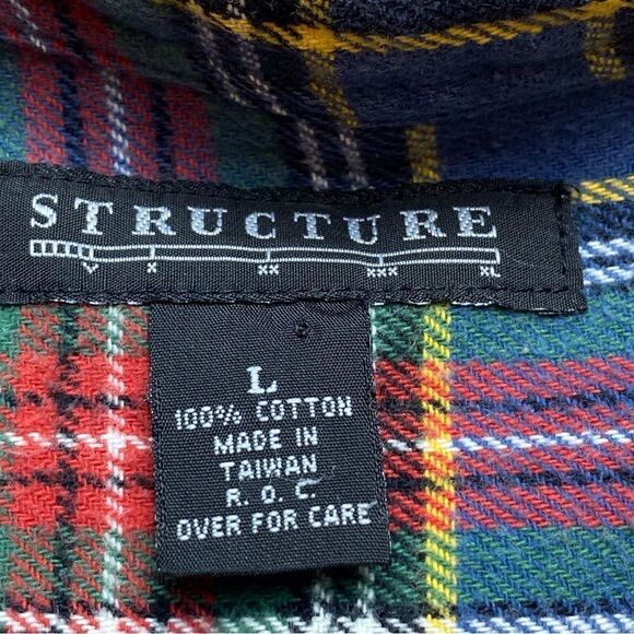 Structure Plaid Ted, Green, Blue and Yellow Flannel Button Down Shirt Size L - Picture 3 of 10
